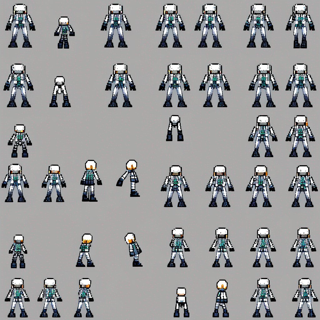 16-bit sprite sheet of a humanoid robot character, front, back, and side view