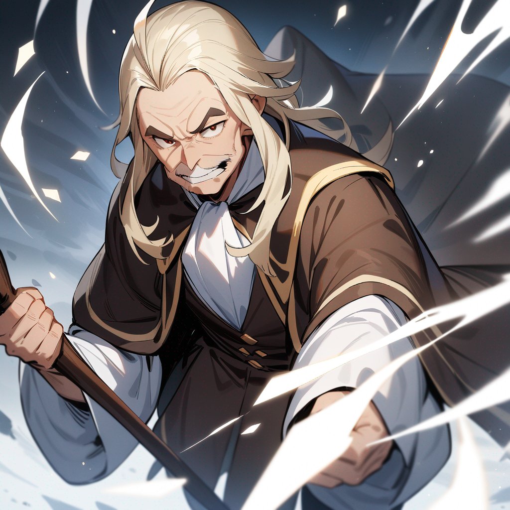 A simple 16 bit old man wizard character with balding blond slick hair with brown eye brows holding a staff with a crystal