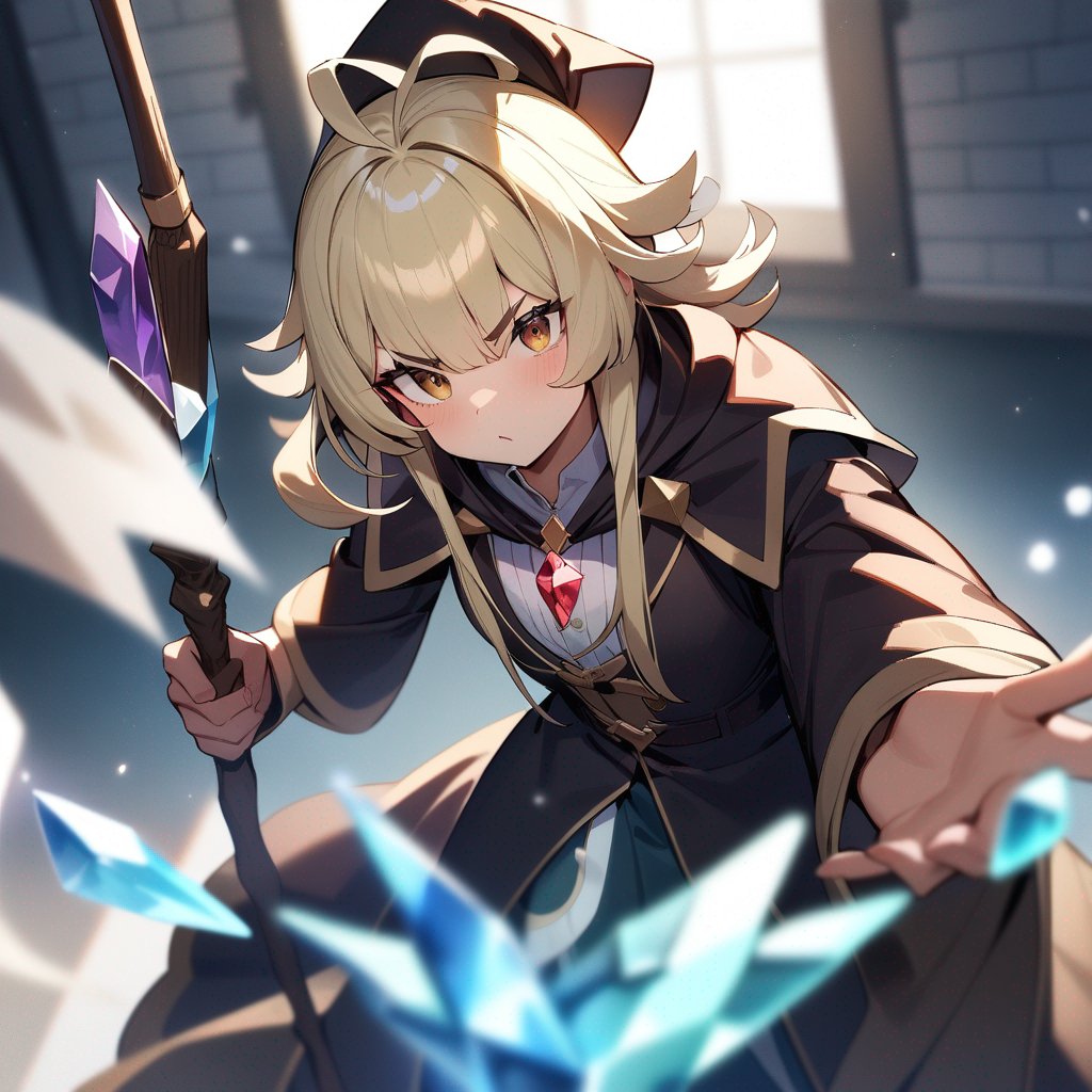 A 16 bit wizard character with balding blond slick hair with brown eye brows holding a staff with a crystal