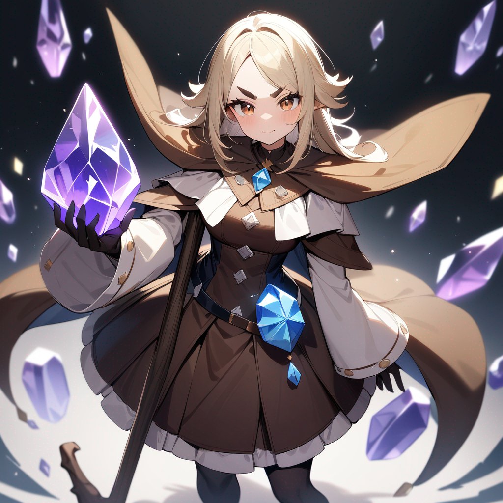 A simple 16 bit wizard character with balding blond slick hair with brown eye brows holding a staff with a crystal