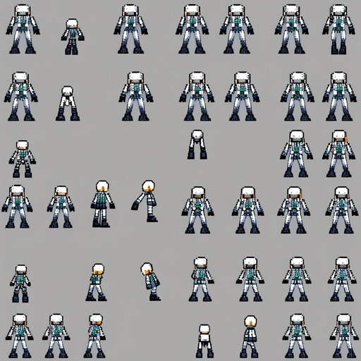 16-bit sprite sheet of a humanoid robot character, front, back, and side view
